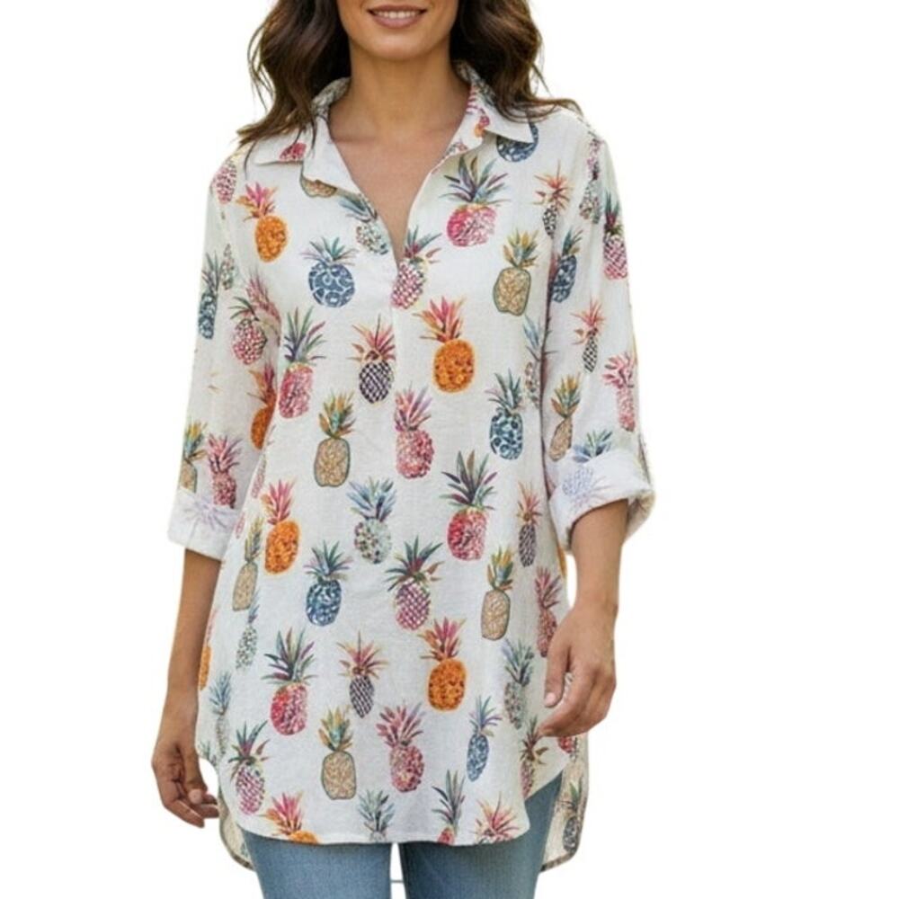 Sigrid Olsen Pineapple Print Linen Top Womens Medium Novelty Popover Blouse